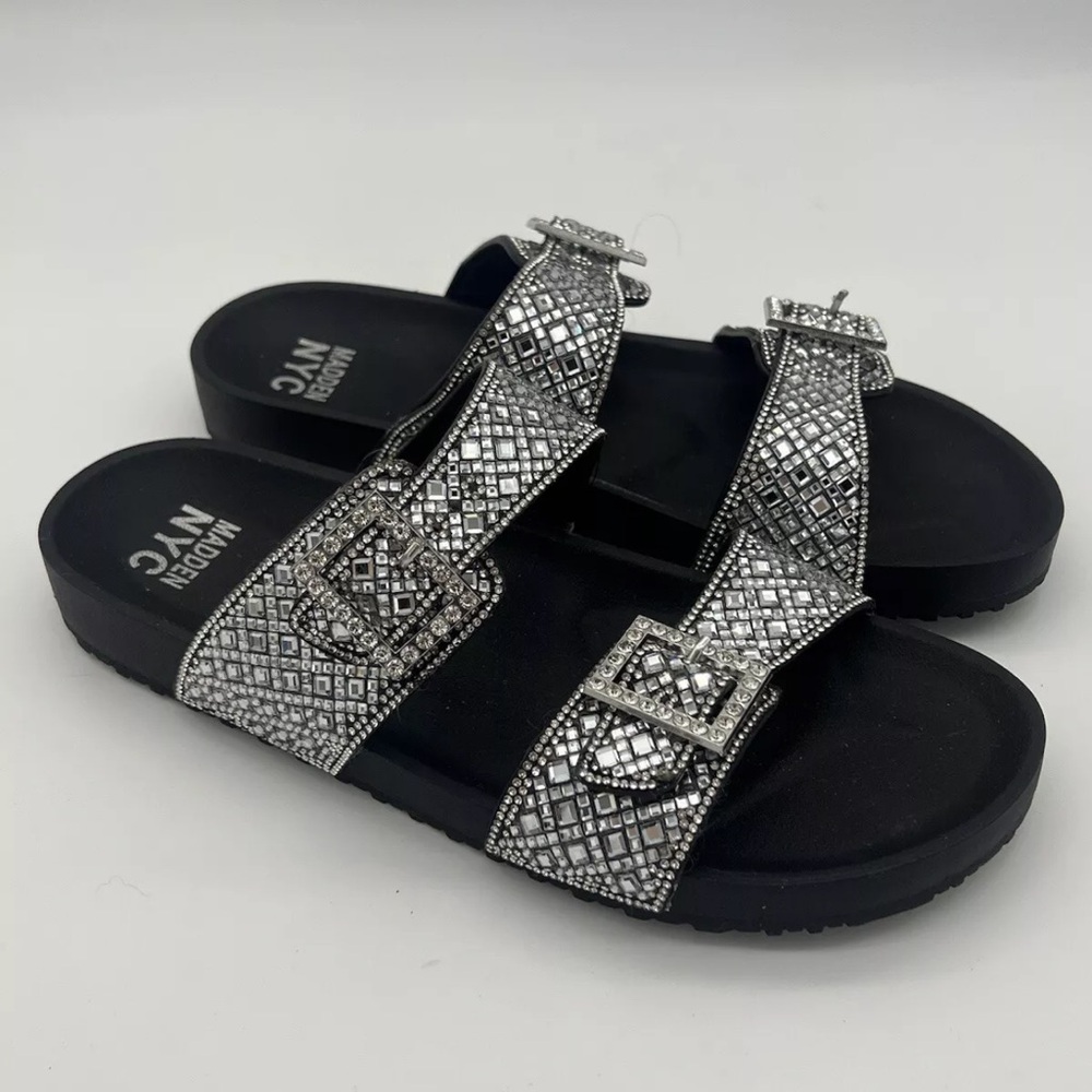 Madden NYC 11 Black Silver Bling Rhinestone Buckle Slip On Slides Sandals Shoes - Picture 1 of 9